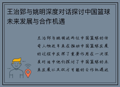 王治郅与姚明深度对话探讨中国篮球未来发展与合作机遇